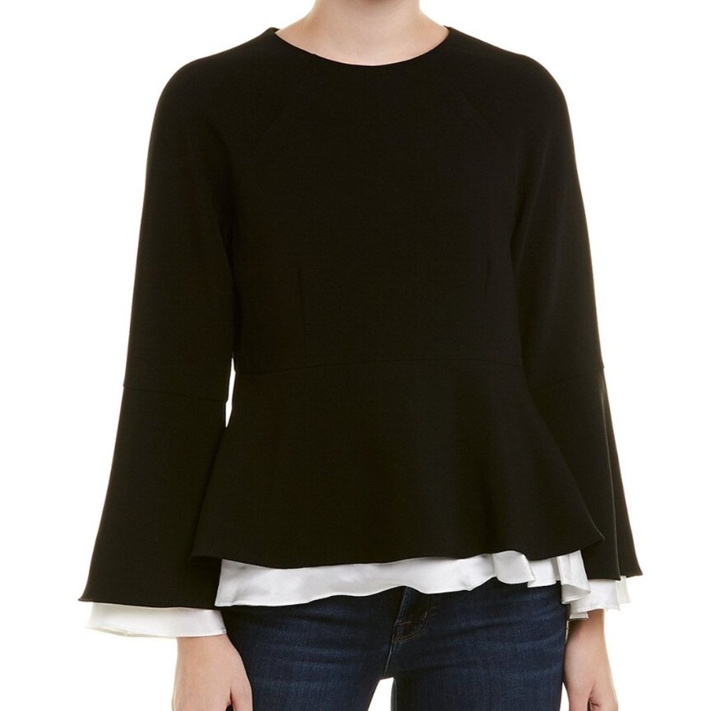 cinq a sept Black Peplum Blouse with White Layered Hem